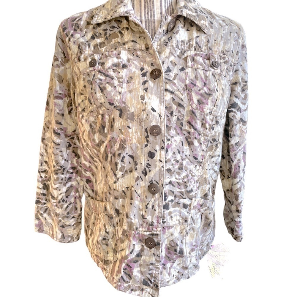 𝅺CHICO’S jacket, Chico’s size 1, safari style, cotton, 4 front pockets